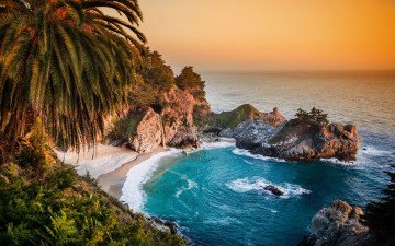 California Pacific Ocean 4K Ultra HD wallpaper, Palms, sunset, horizon, island, vacation, Пальмы, закат, горизонт, остров, отпуск