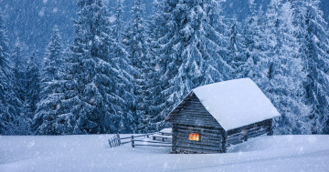 Обои на рабочий стол winter, хижина, зима, landscape, елки, домик, снег, snow