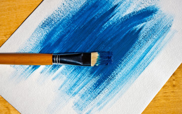 blue paint, brush, sheet of paper, drawn wallpaper, 4K, синяя краска, кисточка, лист бумаги, рисованные обои, 4К
