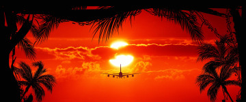 red tropical sunset, самолет в небе, пальмы, природа, 5К обои