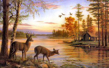 картина, живопись, пейзаж, осень, олени, домик на берегу реки, деревья, picture, painting, landscape, fall, deer, lodge on the banks of the river, trees