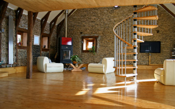 интерьер, гостиная, мебель, белые кресла, крутая спиральная лестница