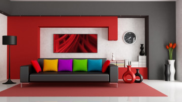 мебель, дизайн, яркая комната в красных тонах, интерьер, минимализм