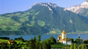 Замок Шпиц, озеро Тун, Швейцария, горы, природа, красивые обои