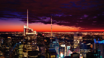 ночной Нью-Йорк, закат, небоскребы, город, мегаполис