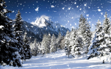 природа, зима, хлопья снега, горы, сосны, красивые обои