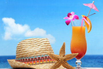 отдых, море, лето, шляпа, морская звезда, коктейль, яркие, красивые обои, Vacation, sea, summer, hat, starfish, cocktail, bright, beautiful wallpaper
