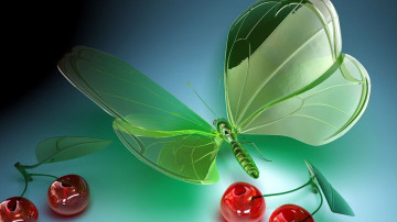 3d, стеклянная зеленая бабочка, стеклянные вишни, красивые обои, glass green butterfly, cherry, glass, beautiful wallpaper