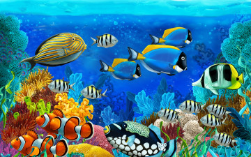 2560х1600, рисованные обои, картинка, подводный мир, рыбки разноцветные, кораллы, drawn wallpaper, picture, underwater world, colorful fish, corals