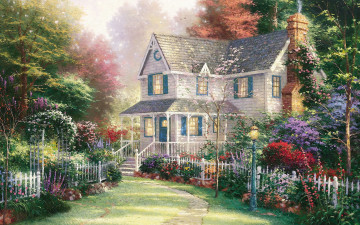 двухэтажный дом, лес, оградка, картина, живопись, обои, Two-story house, forest, fence, painting, painting, wallpaper