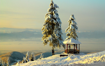 зимний пейзаж, природа, снег, елки, беседка, красивые обои, Winter landscape, nature, snow, christmas trees, gazebo, beautiful wallpaper