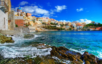 море, камни, лето, город, здания, красивые обои, sea, stones, summer, city, buildings, beautiful wallpaper