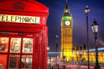 Фото бесплатно ночной город, часы, башня, телефонная будка, Лондон, биг-бен, фонарь