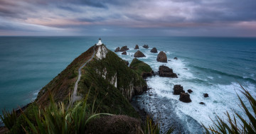 Обои на рабочий стол дорога, пейзаж, океан, природа, Наггет Пойнт, Новая Зеландия, маяк, Nugget Point