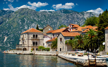 обои, Черногория, дома, горы, perast, пальмы, город, водоем, скачать бесплатно