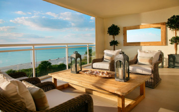 терраса, кресла, столик, море, пляж, интерьер, terrace, chairs, table, sea, beach