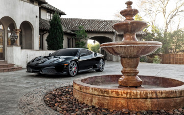 Фото бесплатно Ferrari, автомобили, черная машина, фонтан, особняк