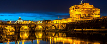 город, Италия, ночь, мост, набережная, архитектура, здания, обои 5К, 3440х1440