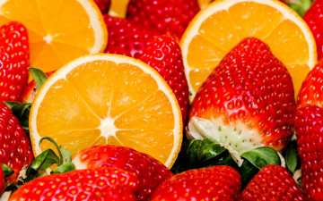 клубника, апельсины, еда, ягоды, фрукты, полезная еда, яркие обои, Strawberry, oranges, food, berries, fruit, healthy food, bright wallpaper