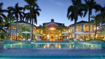 пальмы, Мальдивы, тропики, курорт, бассейн, вечер, отель, 3840х2160, 4к