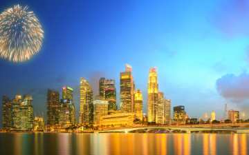 Сингапур, ночной город, река, салют, дома, высотки, здания, обои скачать, Singapore, night city, river, salute, houses, skyscrapers, buildings, wallpaper download