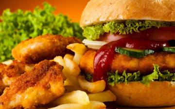 гамбургер, картошка фри, отбивные, зелень, вкусная еда, обои, Hamburger, french fries, chops, greens, delicious food, wallpaper