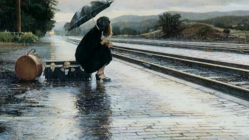 живопись, картина, акварель, девочка на вокзале под дождём, чемодан, зонт, дождь, художник, исусство 3840х2160, 4к