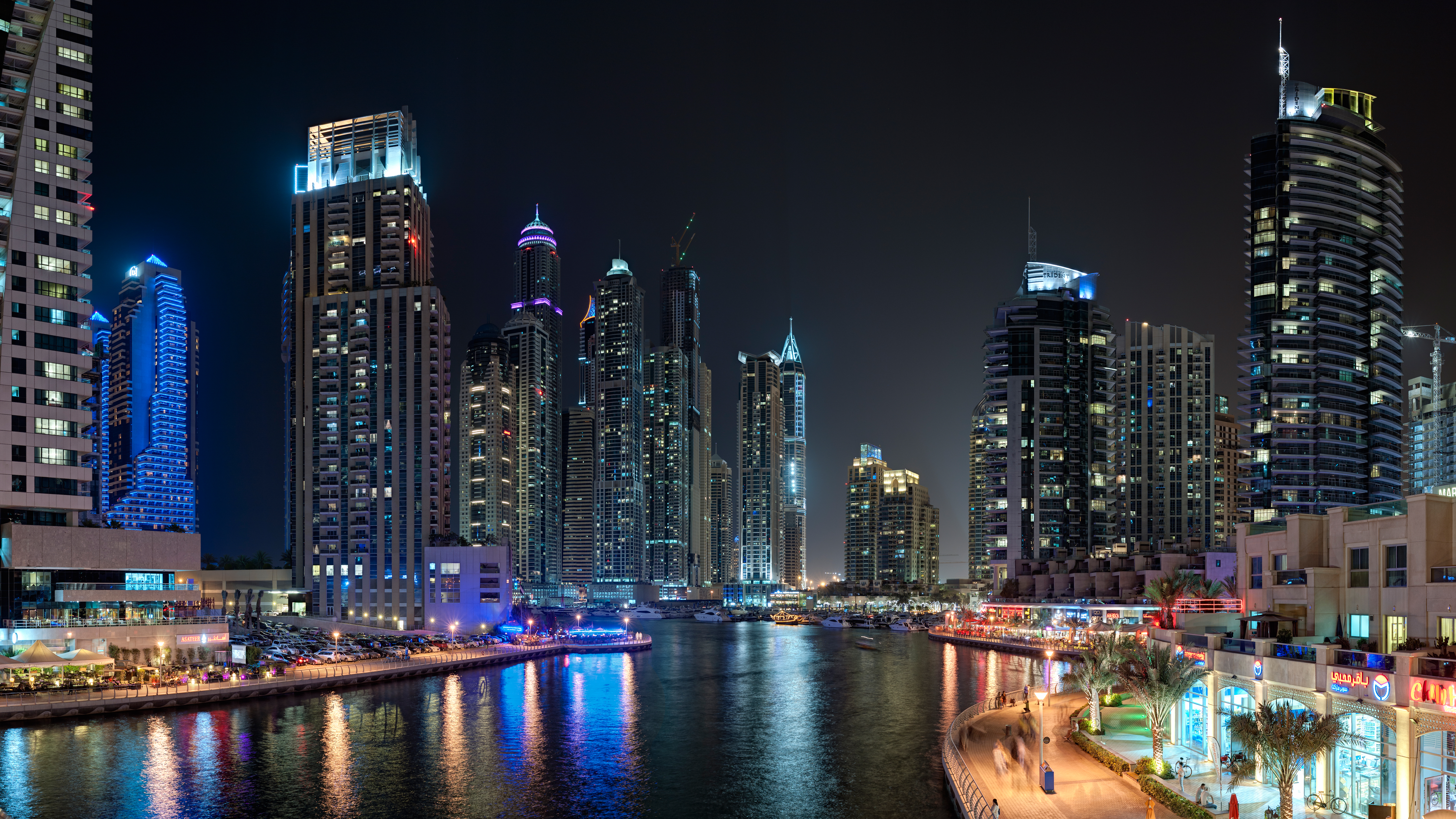 8К обои, 7680x4320, ночной город, Дубаи, ОАЭ, небоскребы, набережная, курортный город, night city, Dubai, UAE, skyscrapers, quay, resort town