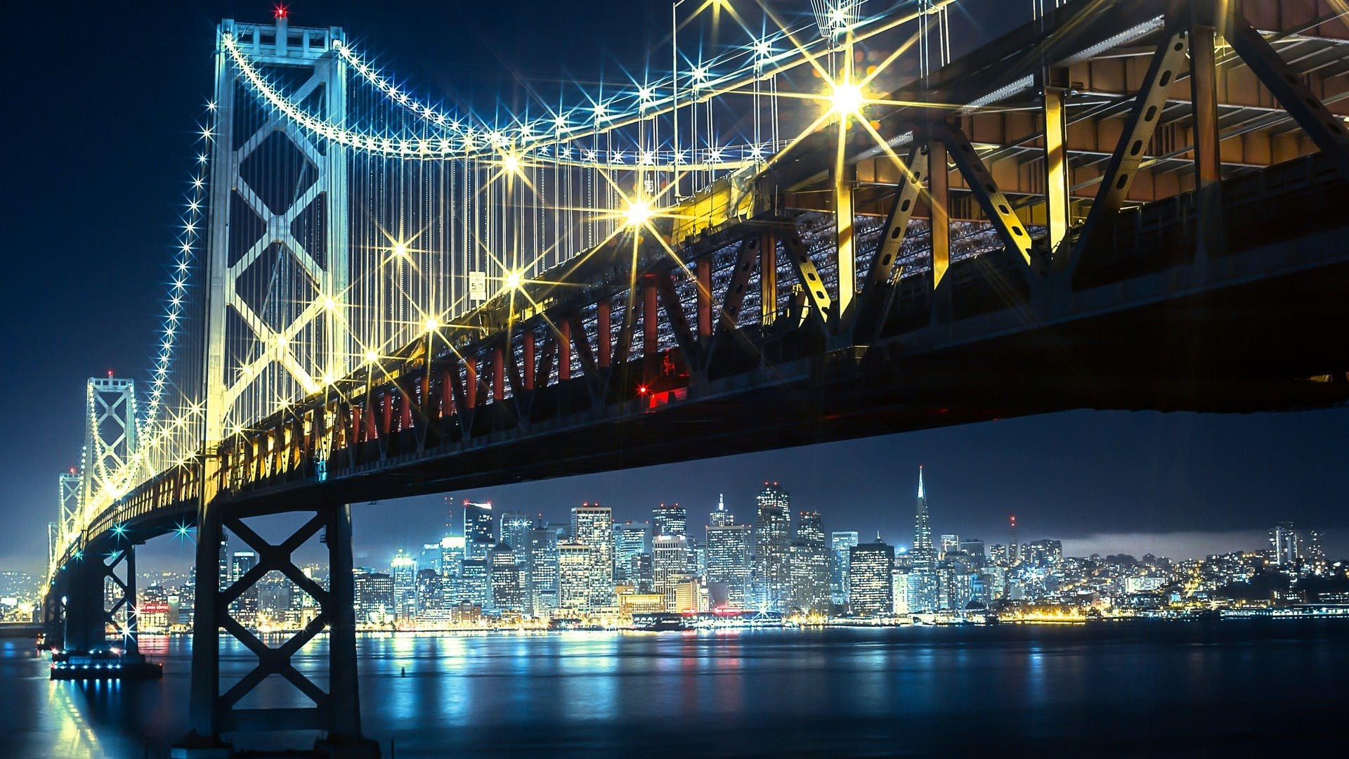 архитектура, ночной город, мост, река, Architecture, night city, bridge, river