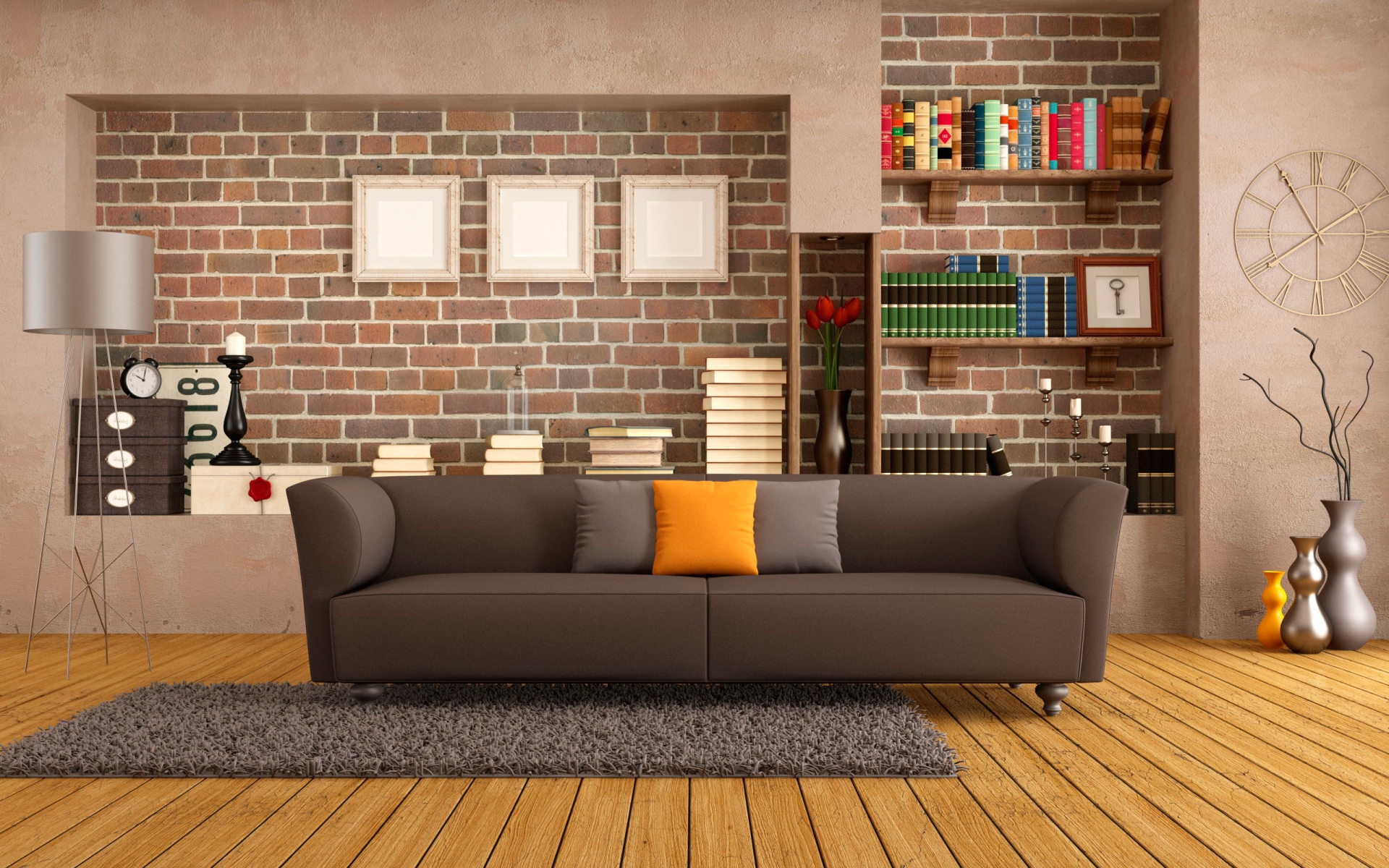 Interior, living room, sofa, rug, wall, books, furniture, wooden floor, wallpaper of good quality, интерьер, гостиная, диван, коврик, стена, книги, мебель, деревянный пол, обои хорошего качества