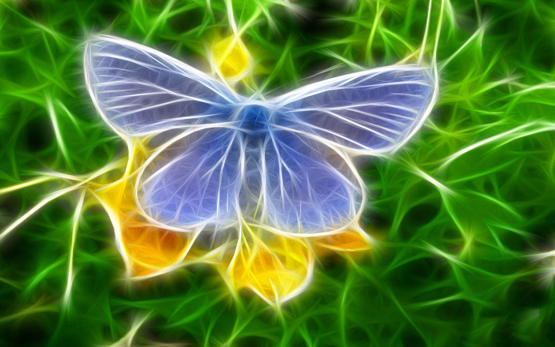 абстракция, голубая бабочка, жёлтый цветок, зелёный фон