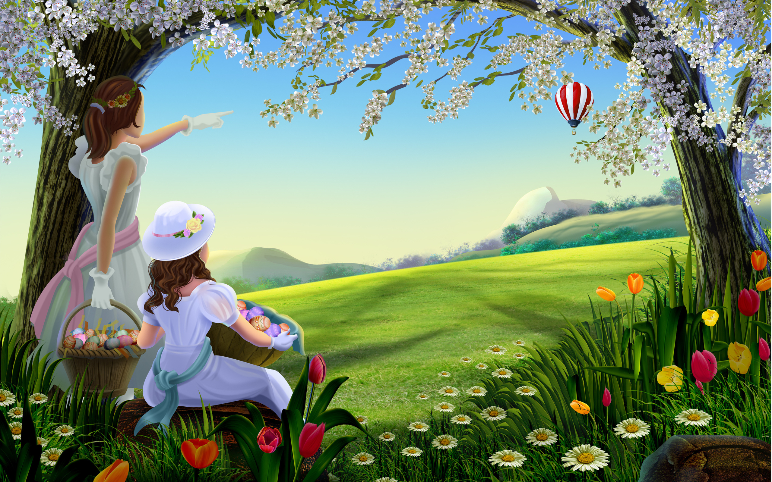 весна, цветущие деревья, девочки, корзины, цветы, зеленое поле, воздушный шар, картина, Spring, flowering trees, girls, baskets, flowers, green field, balloon, picture