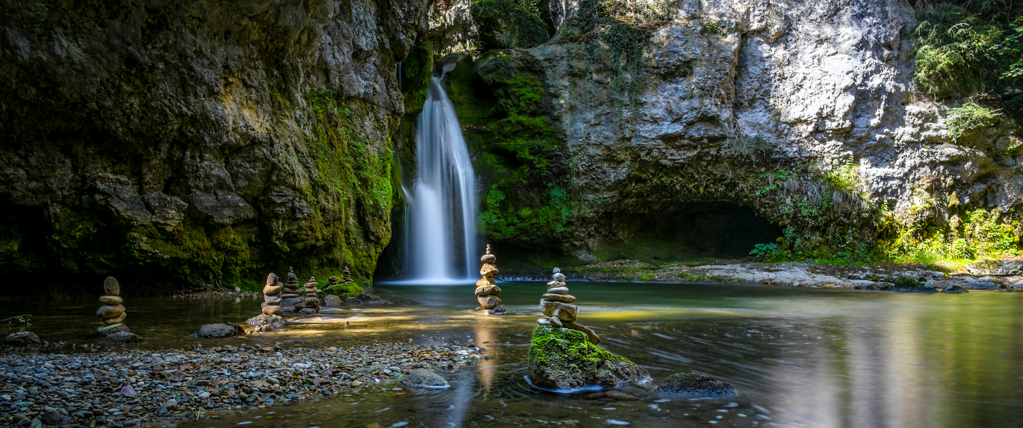 4К обои, садовые водопады дзена, горы, камни, природа