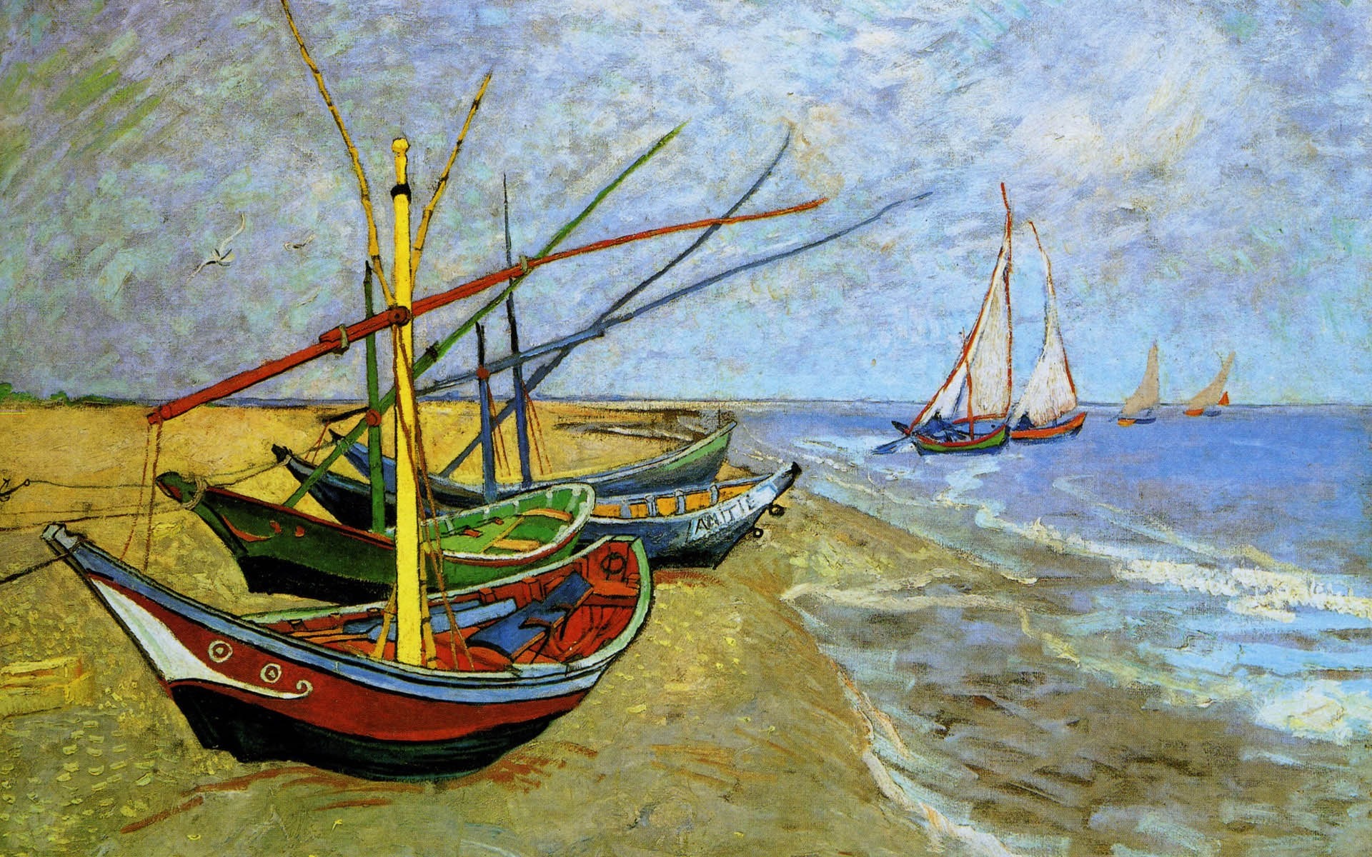 Винсент Ван Гог, художник, картина, лодки на берегу, парусники в море, песок, живопись