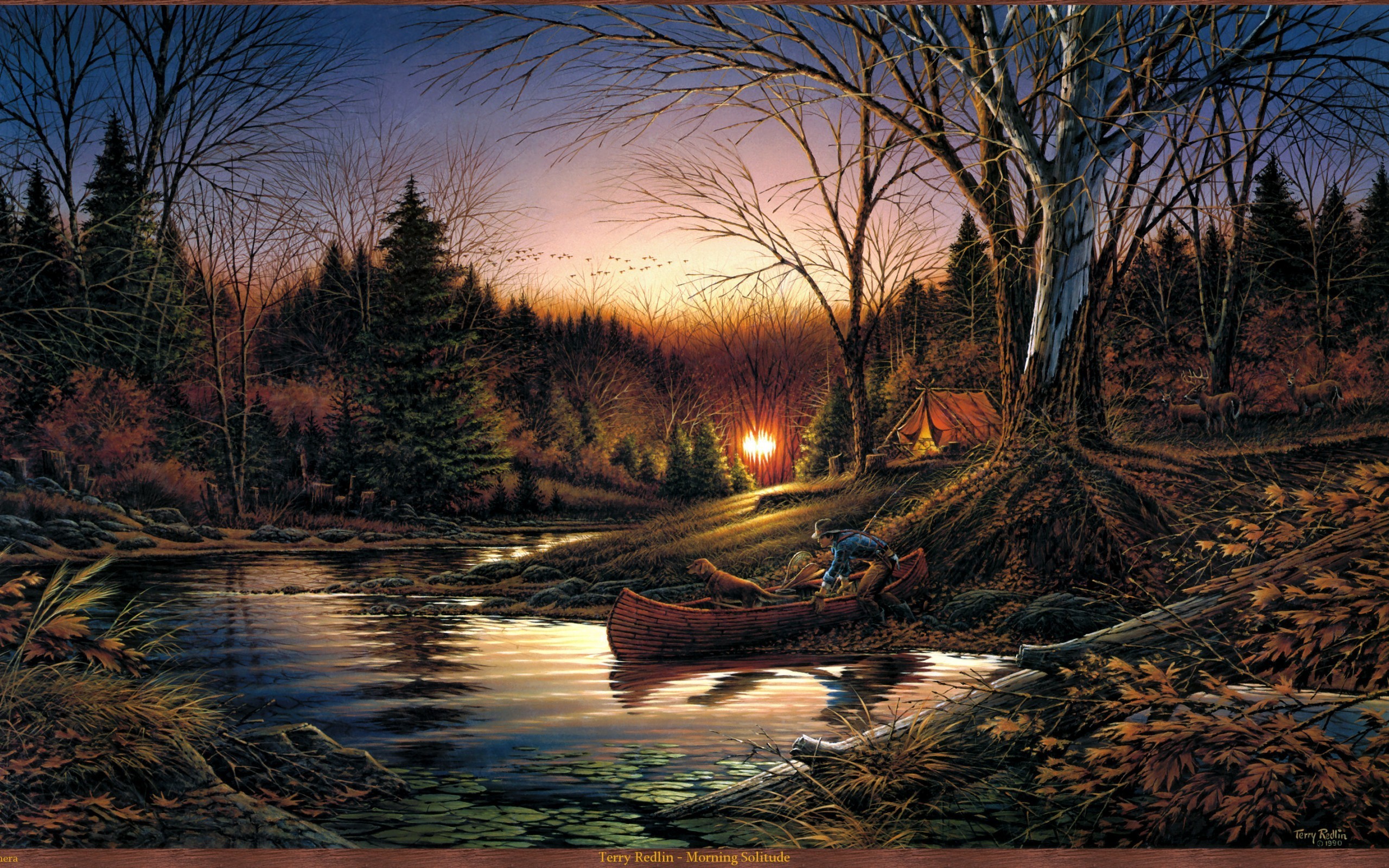 картина, осеннее утро, восход солнца, лес, озеро, палатка, человек, лодка, собака, живопись, Picture, autumn morning, sunrise, forest, lake, tent, man, boat, dog, painting