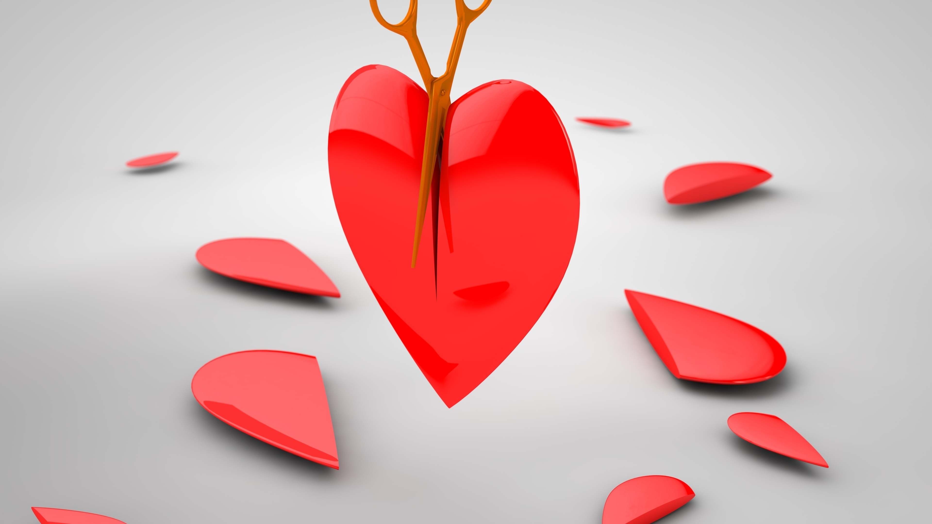 красное сердце, ножницы, осколки, фрагменты, red heart, scissors, fragments3840х2160, 4к 