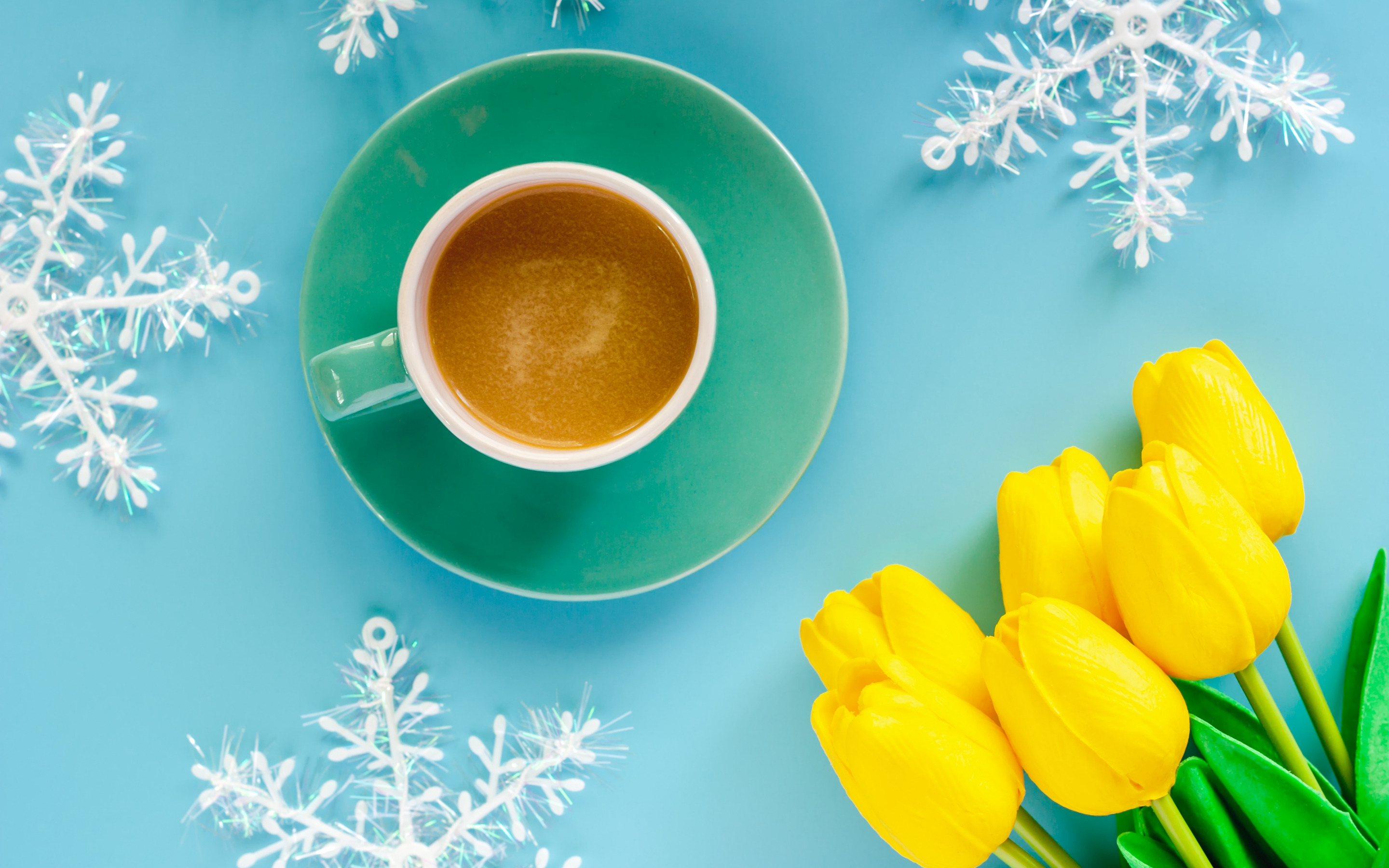 cup of coffee, snowflakes, yellow tulips, spring flowers, blue background, чашка кофе, снежинки, желтые тюльпаны, весенние цветы, голубой фон
