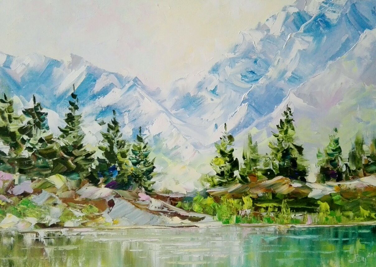 картина, живопись, искусство, горы, елки, озеро, природа, лето, picture, painting, art, mountains, trees, lake, nature, summer