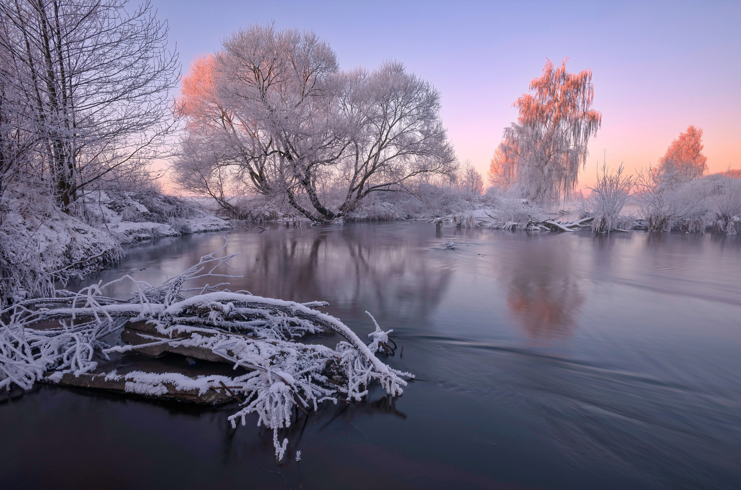 Зимняя красота, иней, деревья, зима, мороз, река, лёд, утро, природа