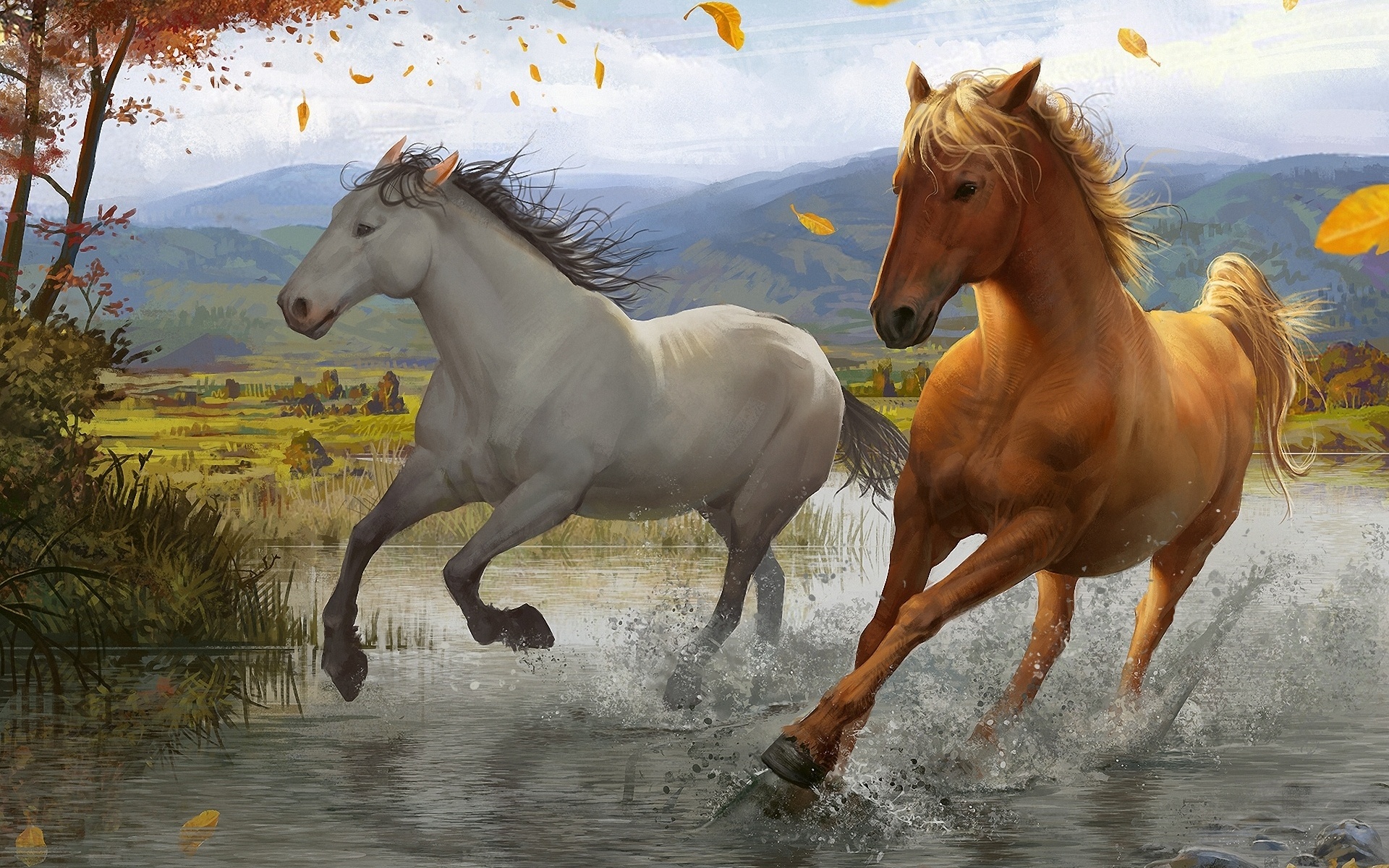 картина, графика, кони бегущие по воде, осень, пейзаж, painting, drawing, horses running in the water, autumn, landscape