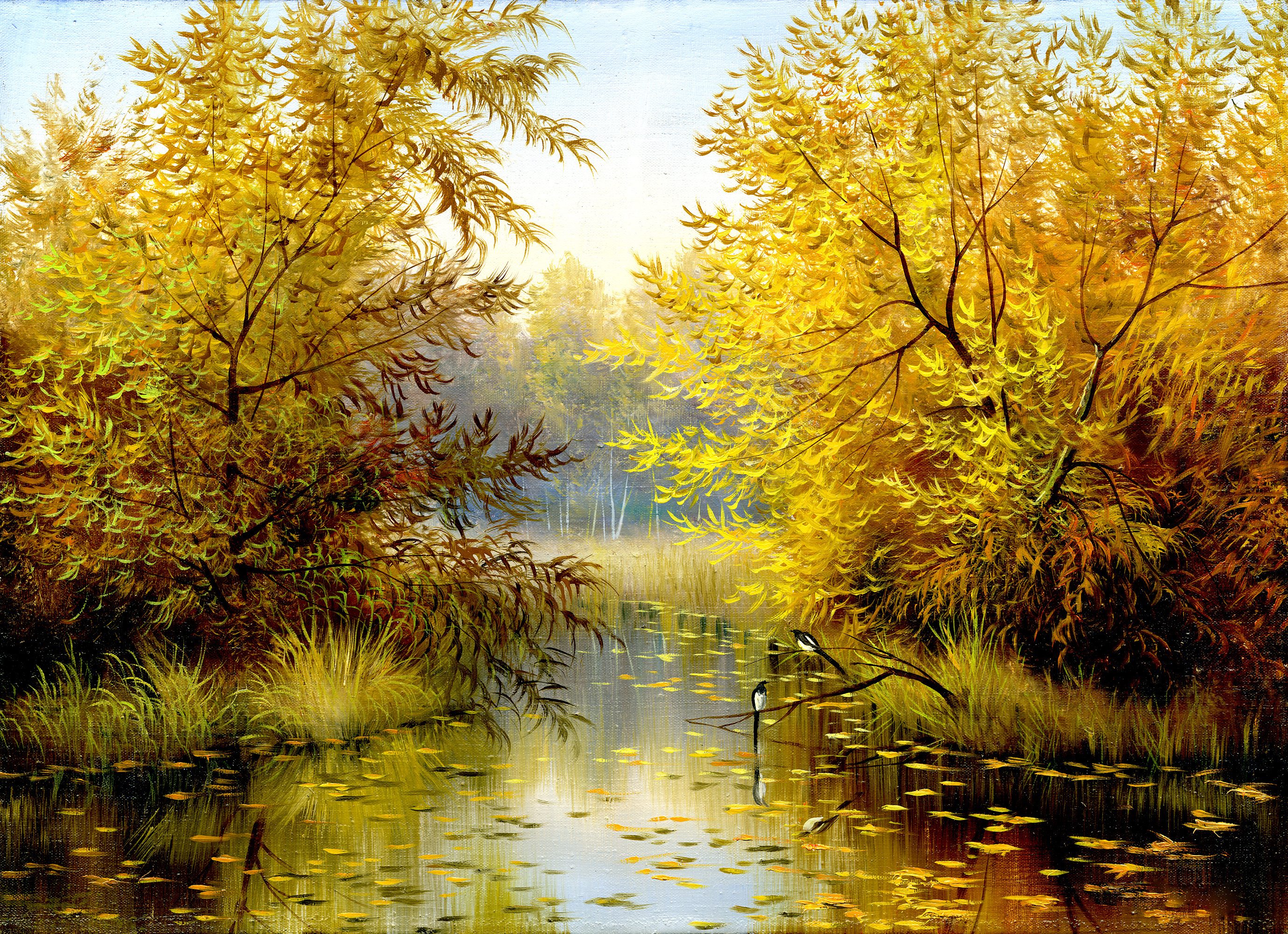 осень, река, желтые деревья, картина, живопись, пейзаж, обои скачать, fall, river, yellow, trees, picture, painting, landscape, wallpaper download