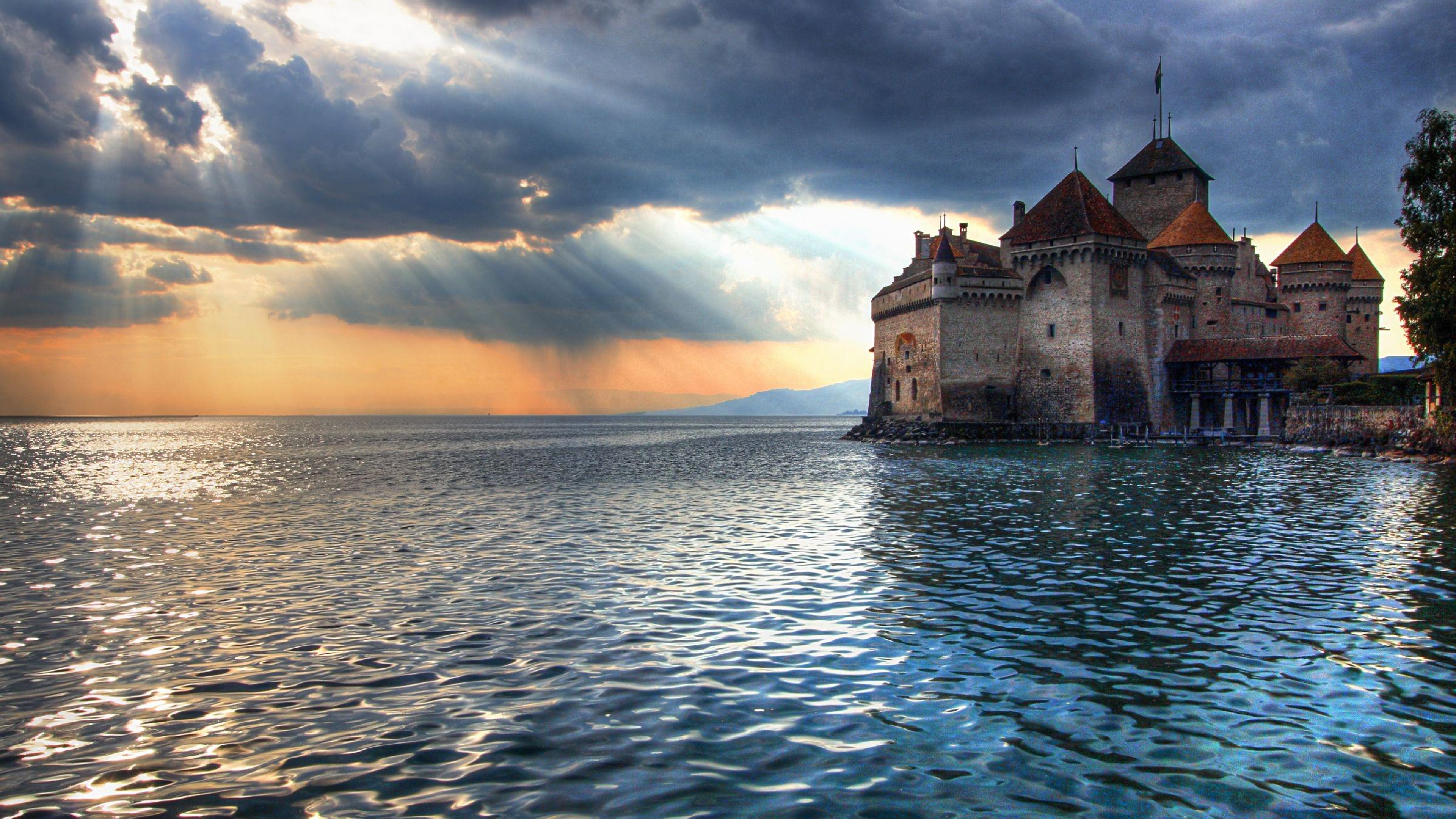 ultra hd 4k wallpaper, Chillon Castle, Lake Geneva Switzerland, Шильонский замок, Женевское озеро Швейцария, 3840х2160