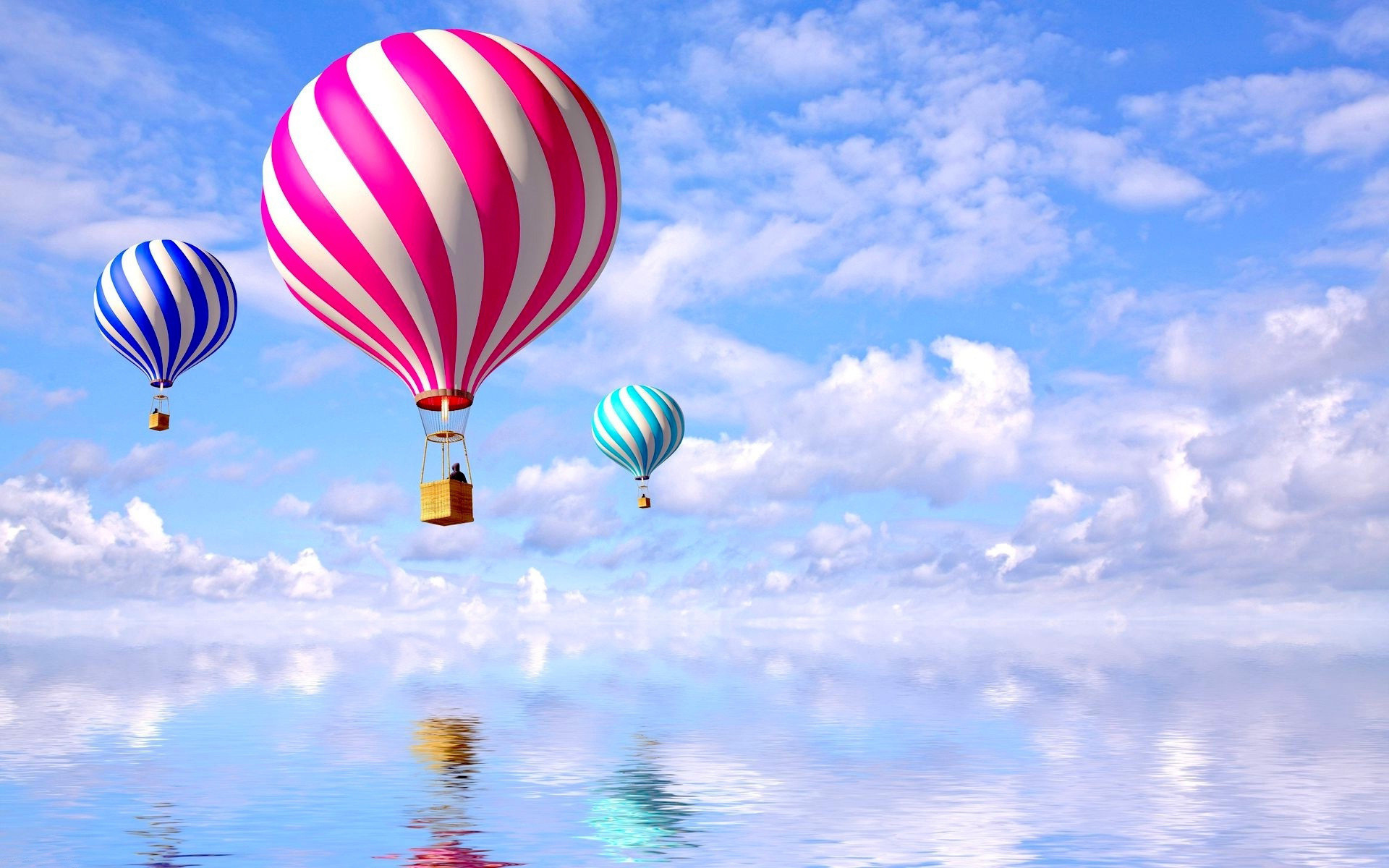 воздушные шары, небо, облака, вода, река, обои скачать, Balloons, sky, clouds, water, river, wallpaper download