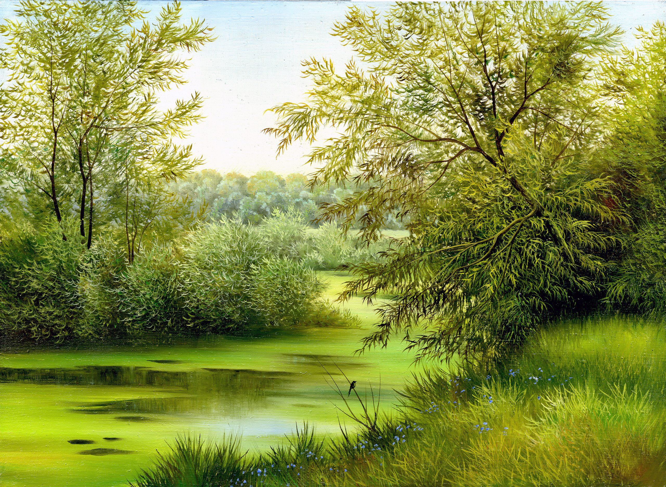 картина, природа, зелень, деревья, река, зелёная трава, пейзаж, краски, искусство, художник