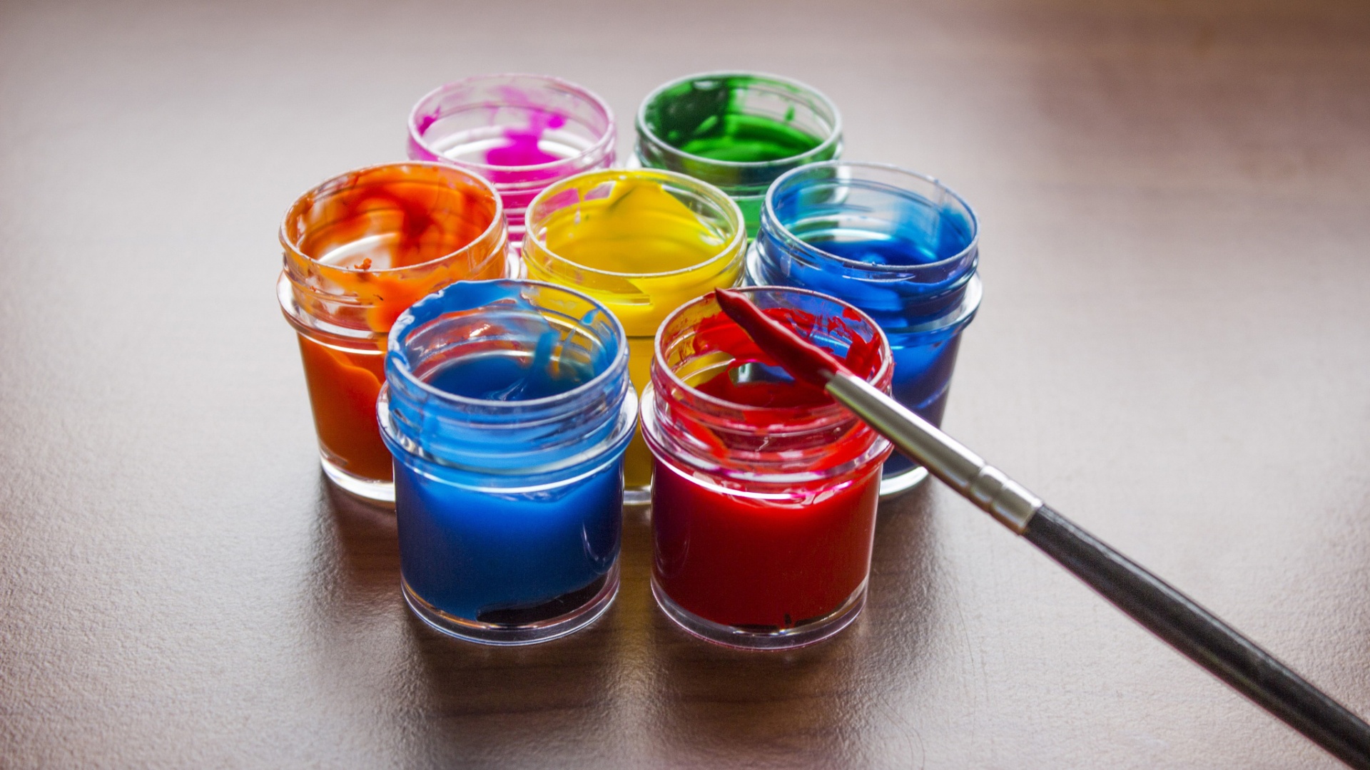 баночки с красками, кисточка, разноцветные краски, яркие обои на рабочий стол, Jars with paints, paintbrush, colorful paints, bright wallpapers