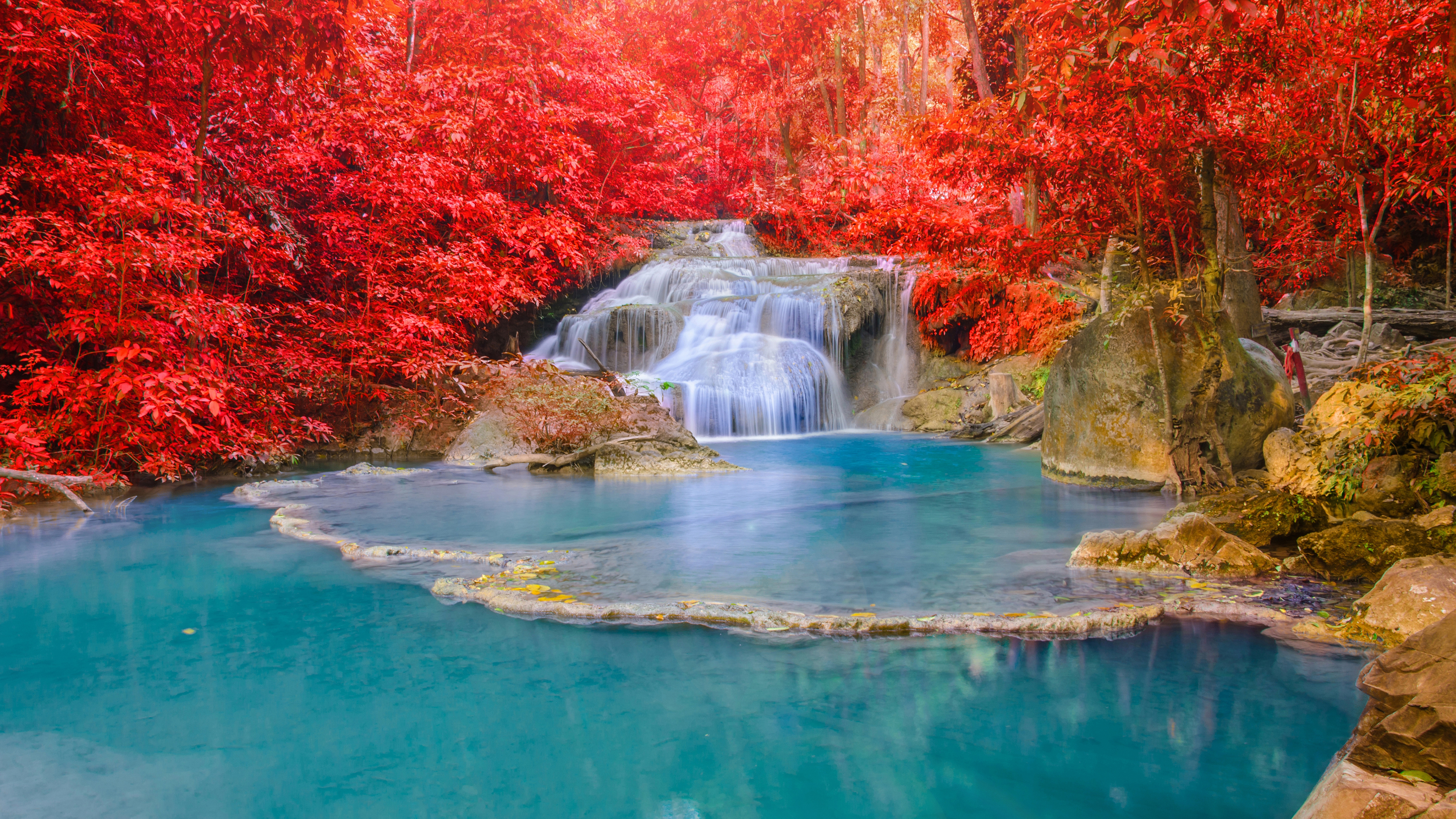 8К, пейзаж, водопад, осень, камни, красные листья, landscape, waterfall, autumn, stones, red leaves