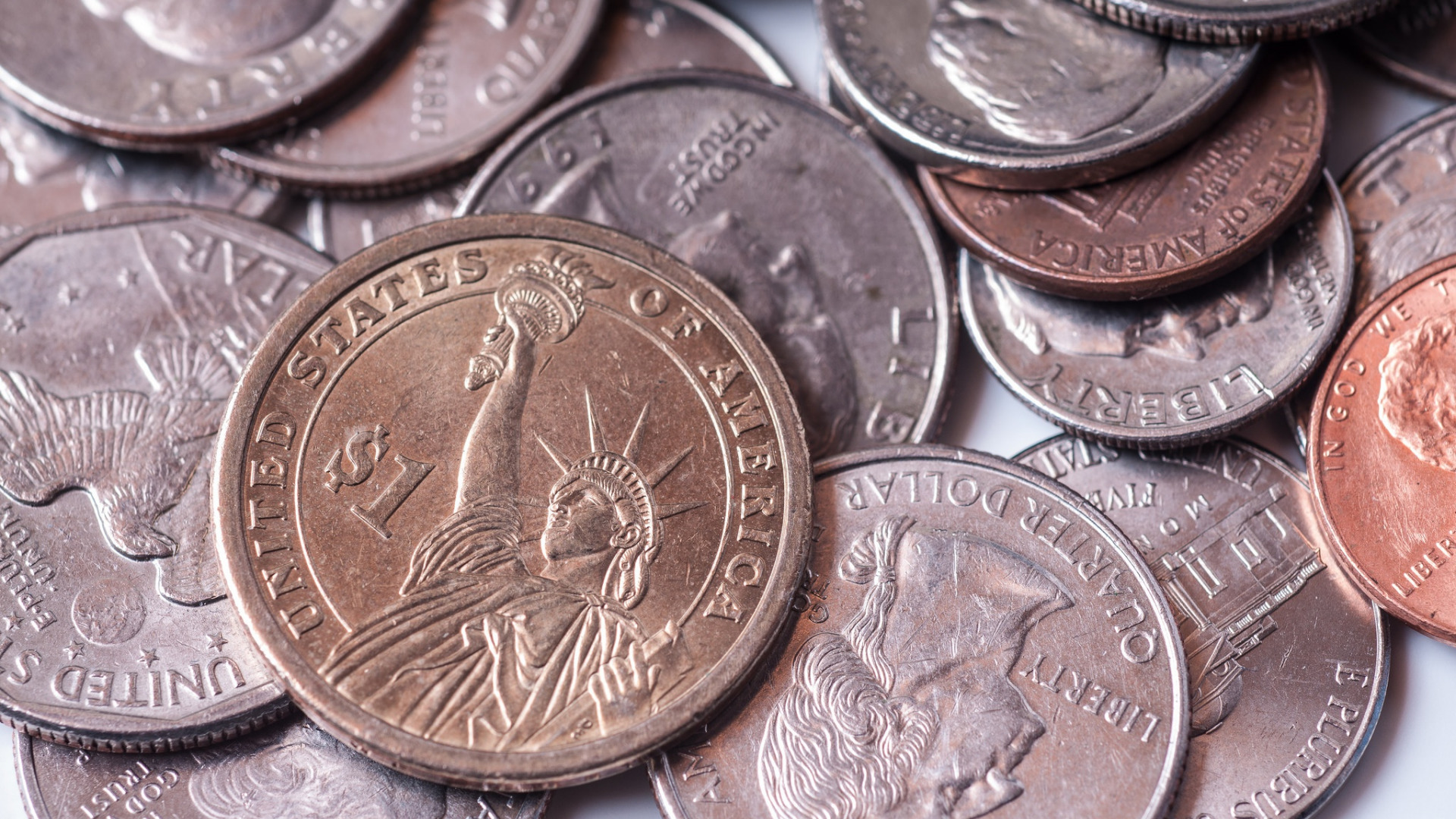 один доллар, 1$, монеты, номинал, валюта, деньги, мелочь, разное