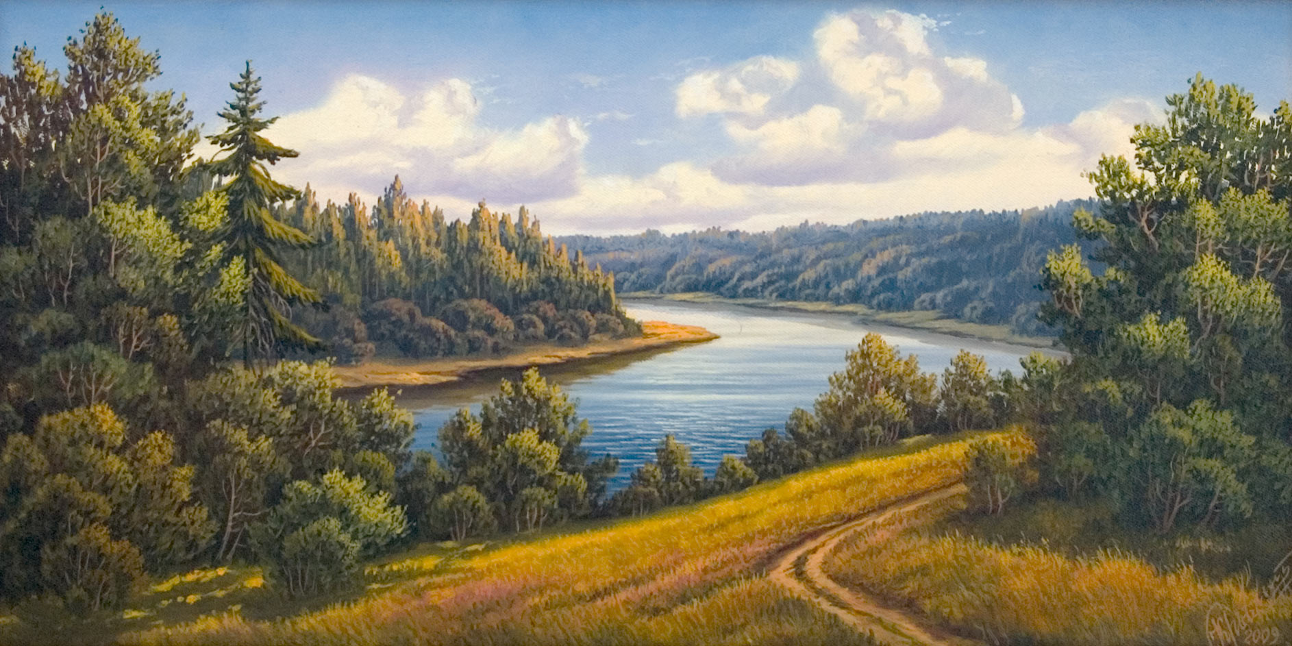 картина, природа, живопись, река, берега, осень, лес, облака, обои, painting, nature, painting, river, beach, forest, clouds, wallpaper