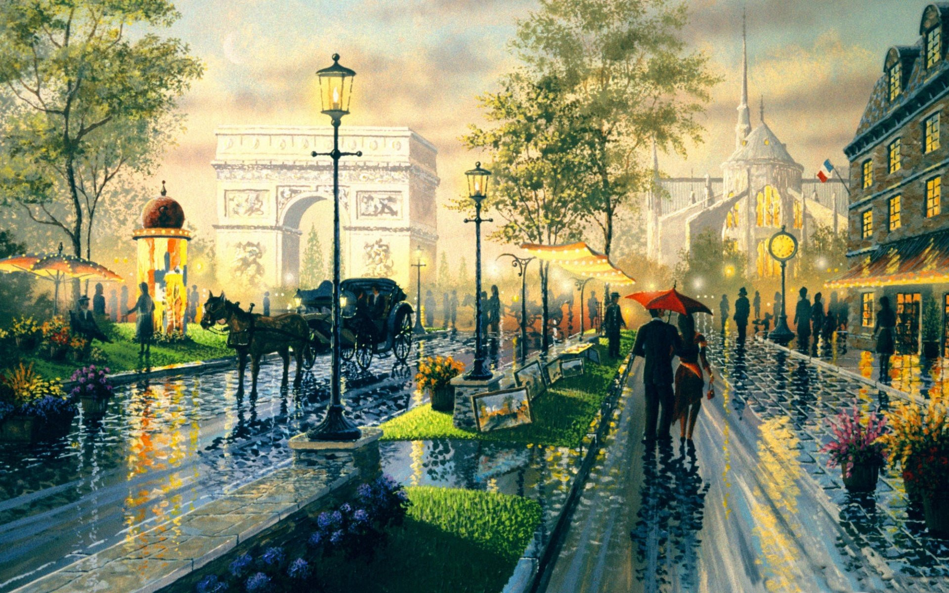 Нотр-Дам де Пари, картина, Париж, триумфальная арка, улица, дождь, пара под зонтом, карета с лошадьми, вечер, фонари