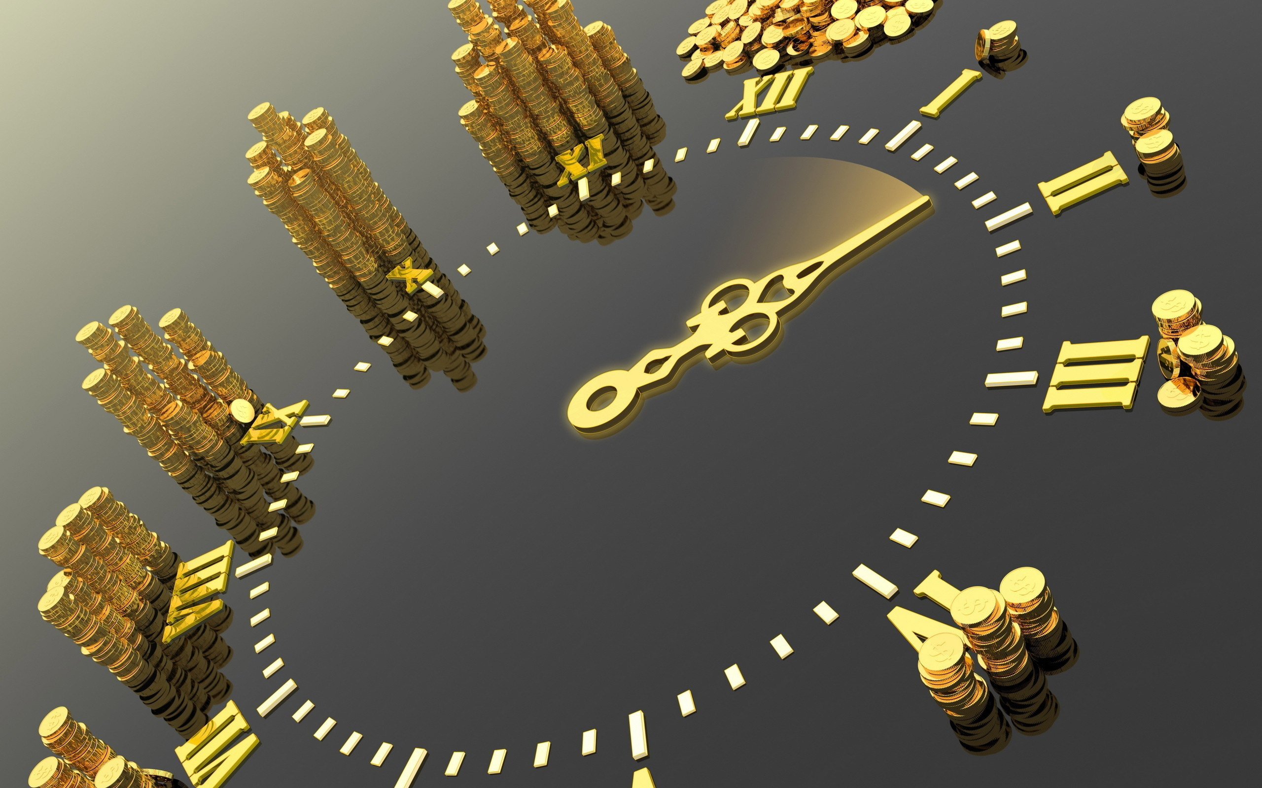 золотые часы, стрелка, золотые монеты, креативные обои, Gold watch, arrow, gold coins, creative wallpaper